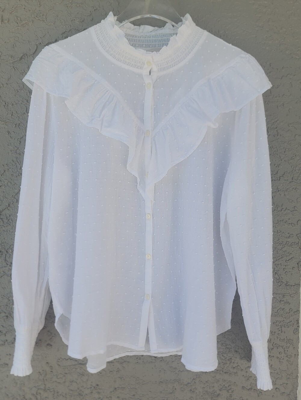 LOFT White Swiss Dot Ruffle Smocked high neck Blouse XL NWT Romantic Cottagecore - Picture 3 of 13